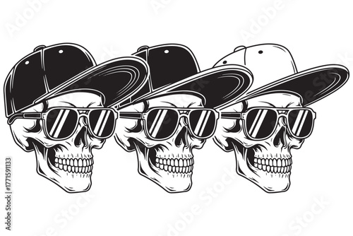 Three skulls wearing sunglasses and baseball caps isolated on white background, embodying a fusion of edgy style, urban culture, and rebellious spirit