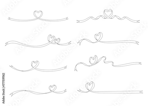 ハート型のリボン、デコレーション素材、線画セット