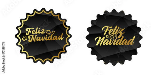 Feliz Navidad Merry Christmas in Spanish quote black sticker with golden text vector design, creative holiday typography, modern festive graphic art for cards, invitations, social media banners