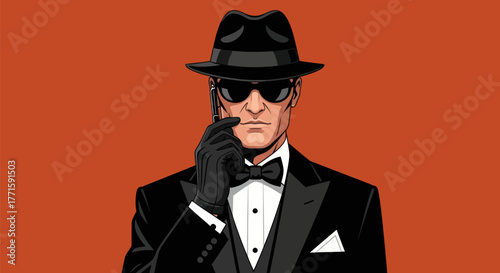 A man in a suit with sunglasses and a hat talking on a pen-like device