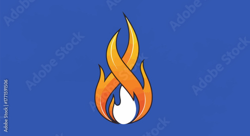 Cartoonish fire design with orange and white flames on blue background