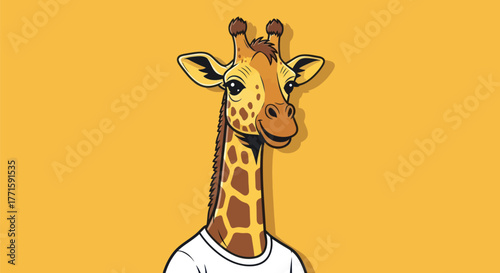 A friendly giraffe wearing a white t-shirt, cartoon-style, on a yellow background