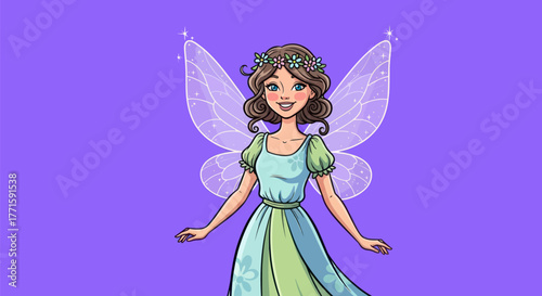 A smiling fairy with floral crown, transparent wings, and a flowing dress on a purple background
