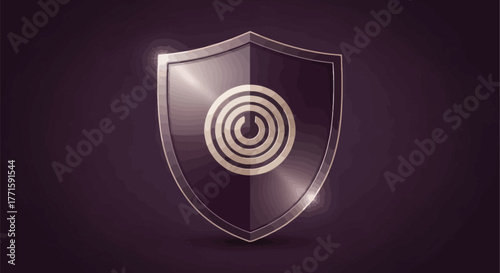 A glassy shield with a power button-like emblem on a dark purple background