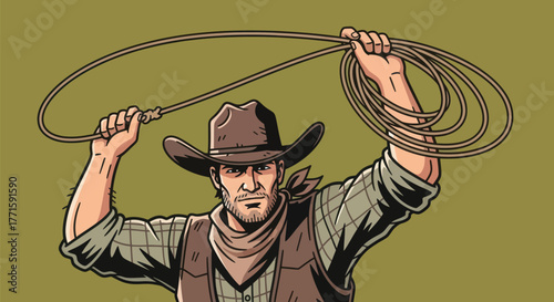 A cowboy, with intense look, wearing a hat, vest, and neckerchief, about to rope