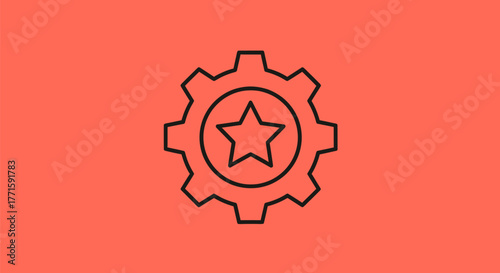 A black outline gear icon with a star within a circle on a coral background