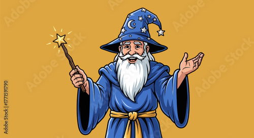 A friendly, smiling cartoon wizard in blue robes and hat, holding a wand with a star