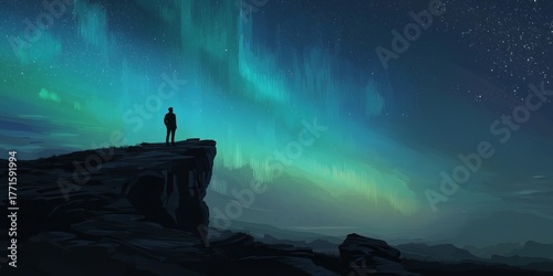 Silhouette gazing at the majestic aurora borealis in the night sky.