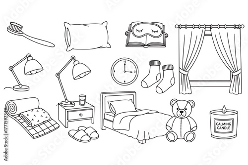 A cozy bedroom scene illustration isolated on white background, showcasing various bedtime items for a relaxing and peaceful nights sleep
