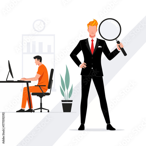 Flat illustration of business man with magnifying glass and prisoner working on computer