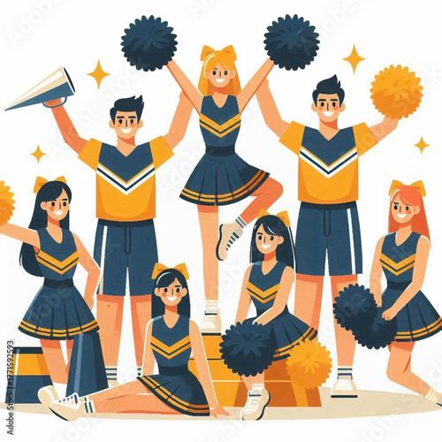 Cheerleaders strike energetic poses wielding pompoms and a megaphone