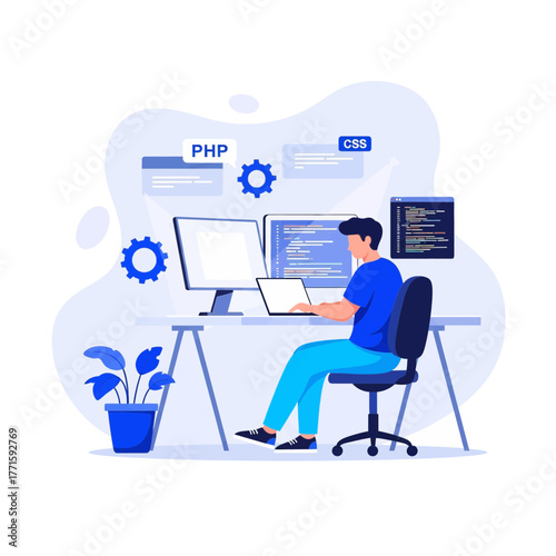 Flat illustration of software developer working on computer with php and css