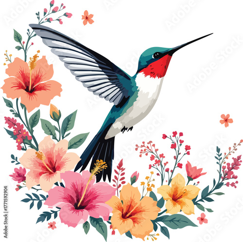 Hummingbird hovering among tropical flowers and foliage in colorful vector style for nature, garden, and wildlife themes