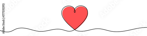 Red heart in one line art style. Drawing of a love symbol with editable black stroke and red fill on a white background. Vector illustration.