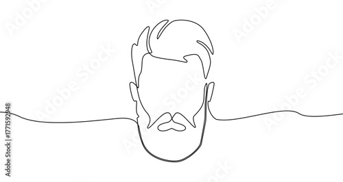 Male bearded head in one line art style. Drawing of a face with beard and hairstyle with editable black stroke on a white background. Vector illustration.