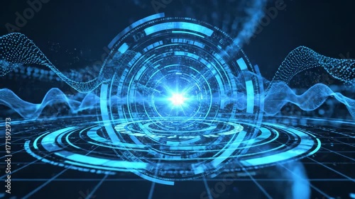 Futuristic Digital Energy Core with Glowing Blue Light and Data Waves.