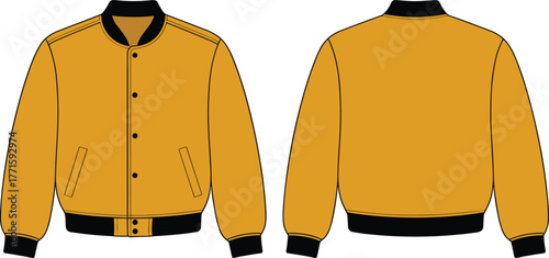 Varsity jacket vector illustration, flat fashion sketch, front and back view, casual outerwear design, editable CAD drawing, men's apparel