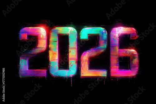 celebrate 2026 with vibrant colored numbers in glitch art style on black background, illustrated