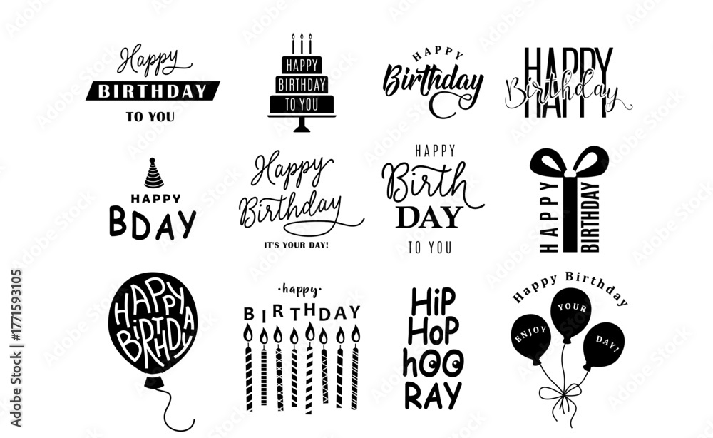Fototapeta premium Happy Birthday logo set vector background. Monochrome design element for greeting cards, banner, print with lettering typography text sign, quote, cake, candle, gift, balloon isolated on white