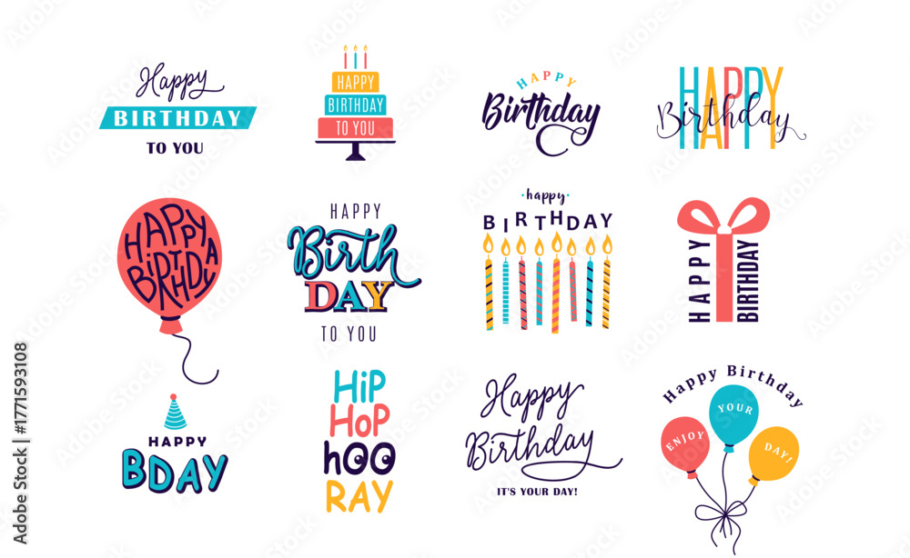 Naklejka premium Happy Birthday logo set vector illustration. Design element for greeting cards, banner, print with lettering typography text sign, quote, cake, candle, gift, balloon isolated on white background