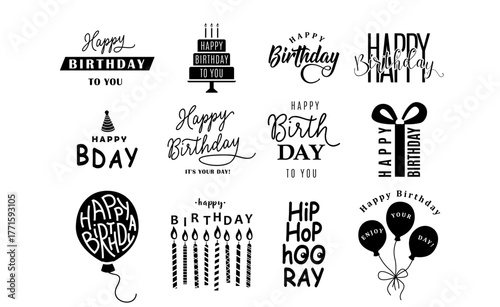 Happy Birthday logo set vector background. Monochrome design element for greeting cards, banner, print with lettering typography text sign, quote, cake, candle, gift, balloon isolated on white