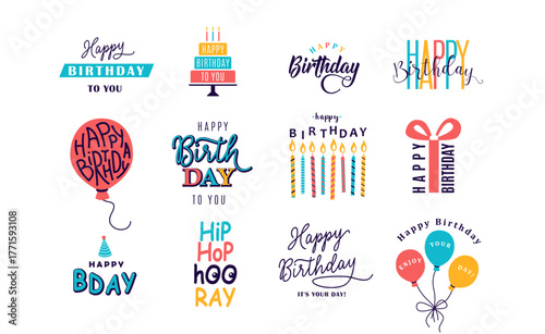 Happy Birthday logo set vector illustration. Design element for greeting cards, banner, print with lettering typography text sign, quote, cake, candle, gift, balloon isolated on white background