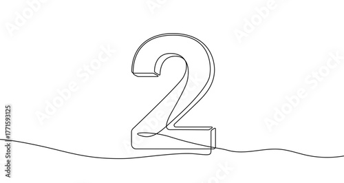 3D number "2" in one line art style. Drawing of the digit two with editable black stroke on a white background. Vector illustration.