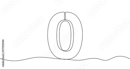 Number "0" zero in one line art style. Drawing of the digit zero with editable black stroke on a white background. Vector illustration.