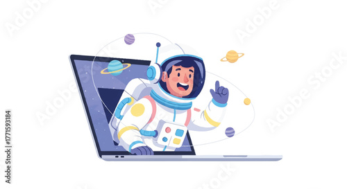 Cartoon astronaut emerging from a laptop screen with planets and stars, giving a thumbs up in a colorful, whimsical scene.