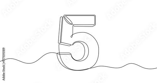 3D number "5" in one line art style. Drawing of the digit five with editable black stroke on a white background. Vector illustration.