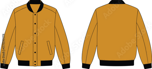 Varsity jacket vector illustration, front and back view, fashion CAD drawing, mustard yellow, black accents, flat sketch, apparel template