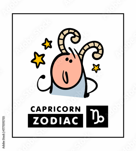 Zodiac sign Capricorn. Vector illustration of a stickman with twisted horns. Cartoon man in a goat mask on a farm. The astrological forecast is real.