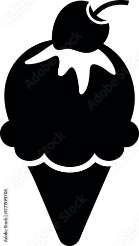 Black and White Strawberry Ice Cream Cone Silhouette with Cherry