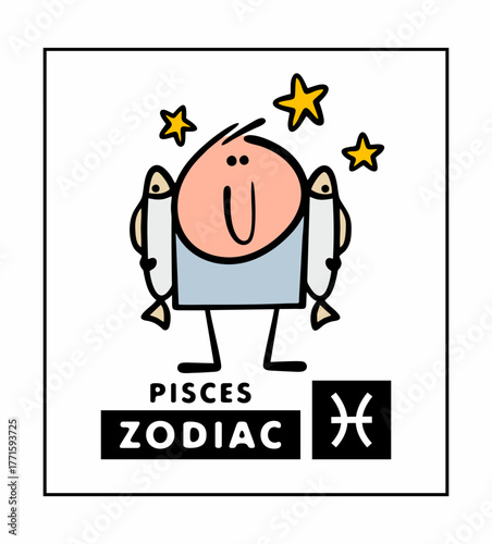 Zodiac sign Pisces. Vector illustration of a funny man holding two large fish. Cartoon doodle fisherman shows off his catch. Faith in astrology.