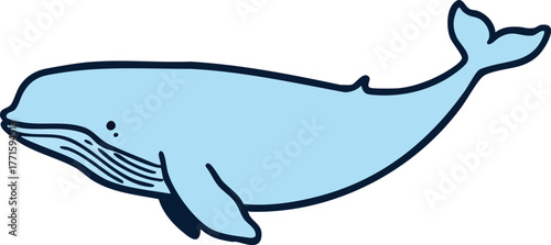 Blue whale cartoon in side profile with curved tail and throat grooves in stylized vector style for marine animal themes