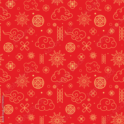 Chinese Lunar New Year Seamless Pattern in Line Style. Outline Hand Drawn Asian Oriental Pattern with Clouds, Flowers and Decorative Traditional Elements. Red Luxury Chinese Pattern with Gold Line