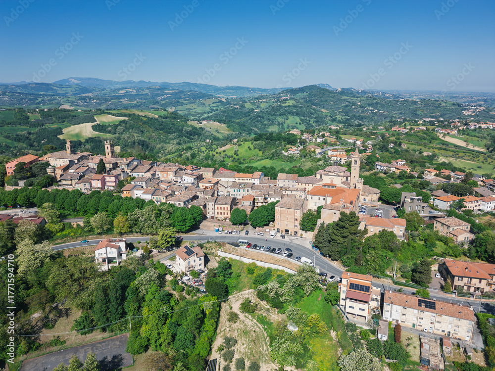 Fototapeta premium Italy, October 2025: Aerial view of the medieval village of Saludecio in the Province of Rimini in Emilia-Romagna.