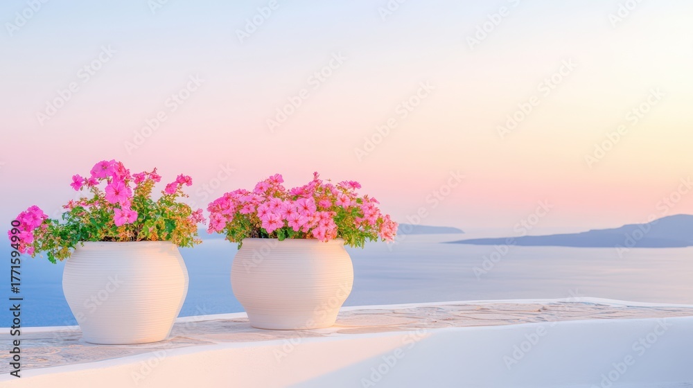 Fototapeta premium Serene Blooms by the Sea: Two charming flower pots overflowing with vibrant pink blossoms stand gracefully on a white terrace overlooking the serene, endless expanse of the ocean under a dreamy sky.