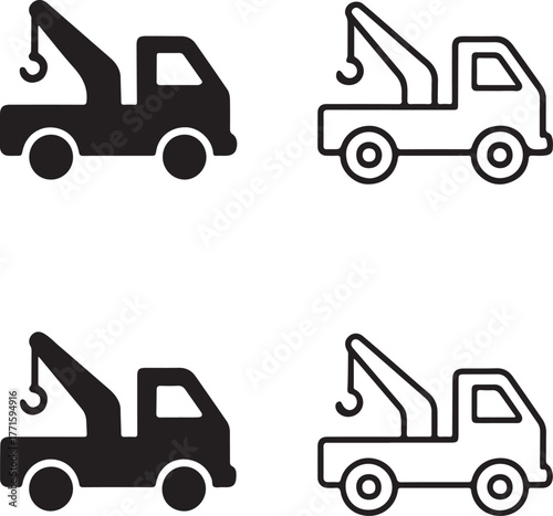 Isolated truck icon set, black tow truck vector, roadside assistance symbol, editable tow truck icon, minimal solid black line outline design, vehicle recovery for emergency, breakdown,transport