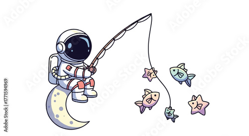 Astronaut sitting on a crescent moon, fishing for stars and rockets with a fishing rod in a whimsical illustration.