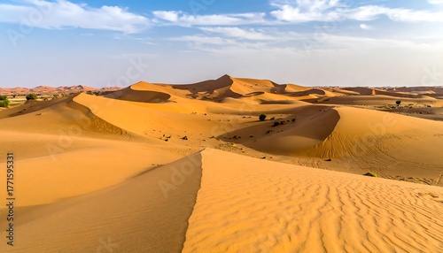 Fototapeta Naklejka Na Ścianę i Meble -  Expansive view of a desert landscape under a clear, bright blue sky. The vast sand dunes undulate across the terrain, with subtle shadows and hints of green vegetation