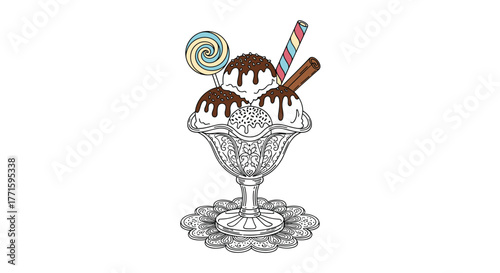 A delightful ice cream sundae in an elegant decorative glass, featuring three scoops, chocolate syrup, sprinkles, colorful lollipop, and sweet treats.