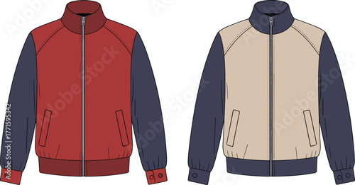 Zip-up jacket vector illustration, flat fashion sketch, color variation design, front view, casual outerwear CAD drawing, men's apparel