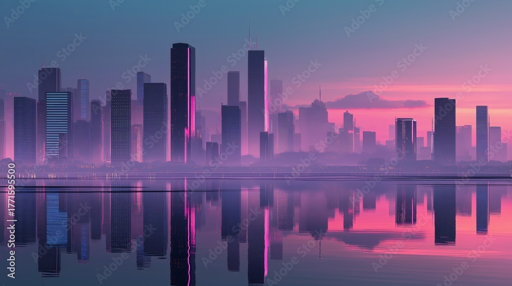 Fototapeta premium Futuristic cityscape reflected in water during a pink and blue sunset.