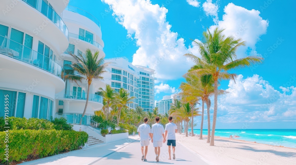 Obraz premium Coastal Promenade Stroll: Three figures in white attire, stroll in a coastal walkway, offering a glimpse into a leisurely lifestyle. Palm trees sway gently in the breeze. Lush hotels offer comfort.
