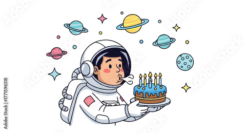 Cartoon astronaut in white spacesuit holding a birthday cake with blue frosting and candles surrounded by planets and stars on a white background with a playful and celebratory mood.