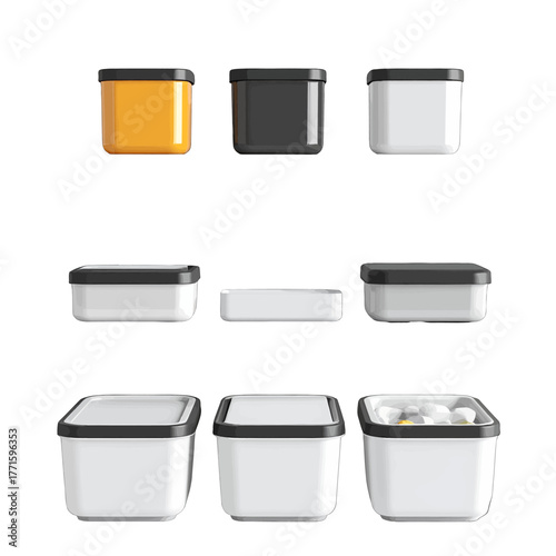 Variety of Plastic Storage Containers in Various Colors and Styles on White