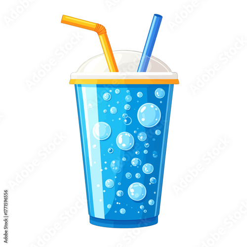Pixel Art Blue Soda in Plastic Cup with Straws on White Background