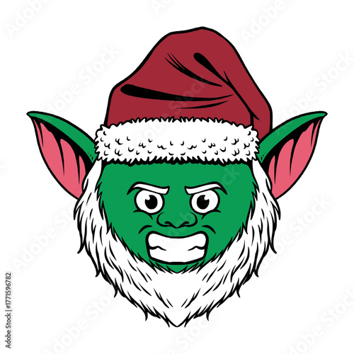 Cartoon goblin wearing Christmas hat hand drawing style