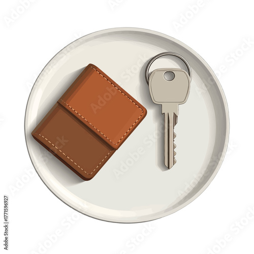 Brown Wallet and Silver Key on a White Round Plate Illustration